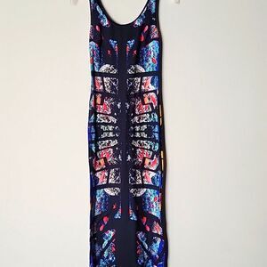 Clover Canyon XS Stretchy BodyCon Printed Dress Sexy Blue Black Boho Midi Art